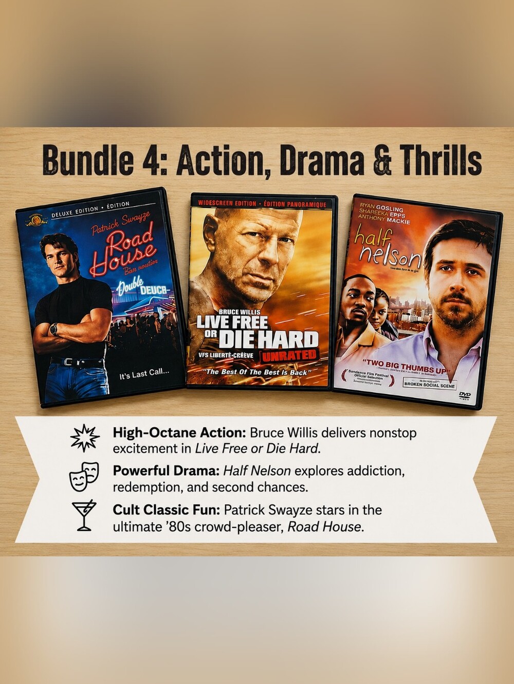 DVD Bundle: Road House, Live Free or Die Hard Unrated, Half Nelson